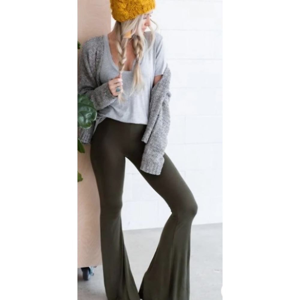 Tree Bird Nest Cher Solid Raw Edge Flare Pants Sz XL Olive Pull On Elastic Waist